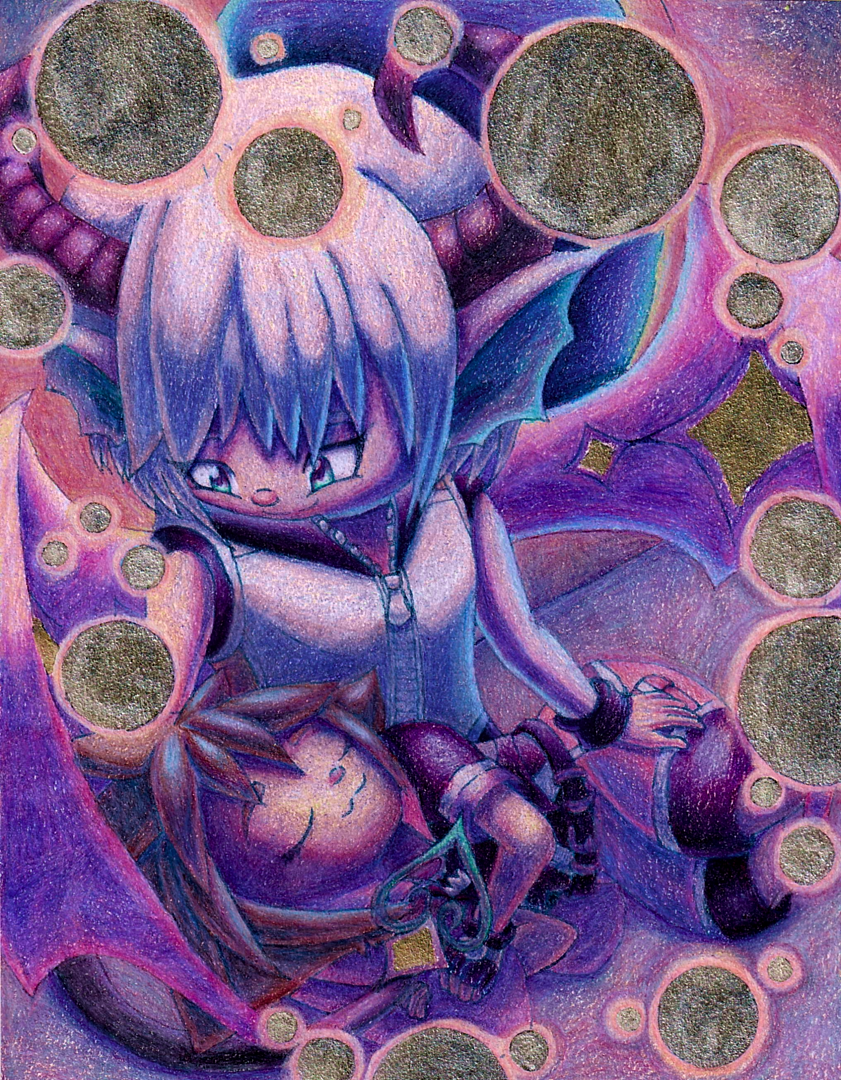 Riku affectionately smiles down at Sora, who is sleeping on his lap. Riku has Dream-Eater wings and a tail. His wings and tail are curled protectively around Sora. Glowing motes float in a loose ring around the two boys.